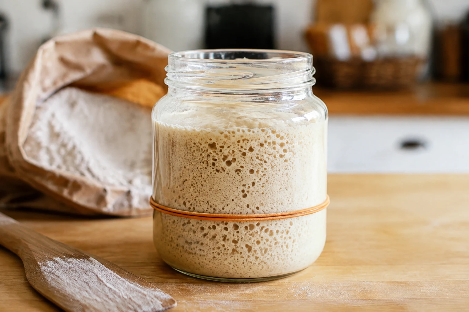 Bocal transparent de levain naturel maison plein de bulles avec spatule et farine complète en arrière-plan