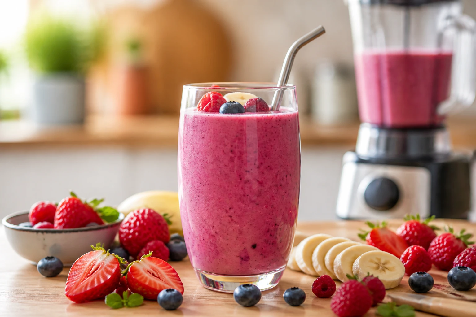 Verre de smoothie aux fruits rouges et banane sur plan de travail en bois avec fruits frais autour
