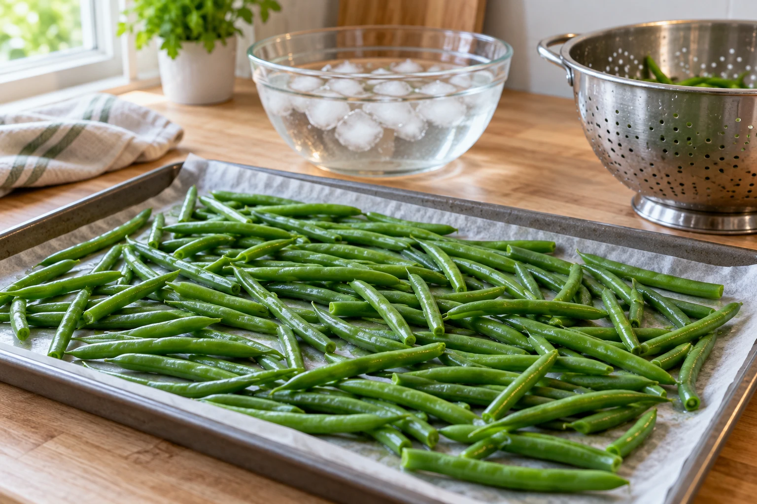 Haricots verts frais disposés à plat sur une plaque avant congélation