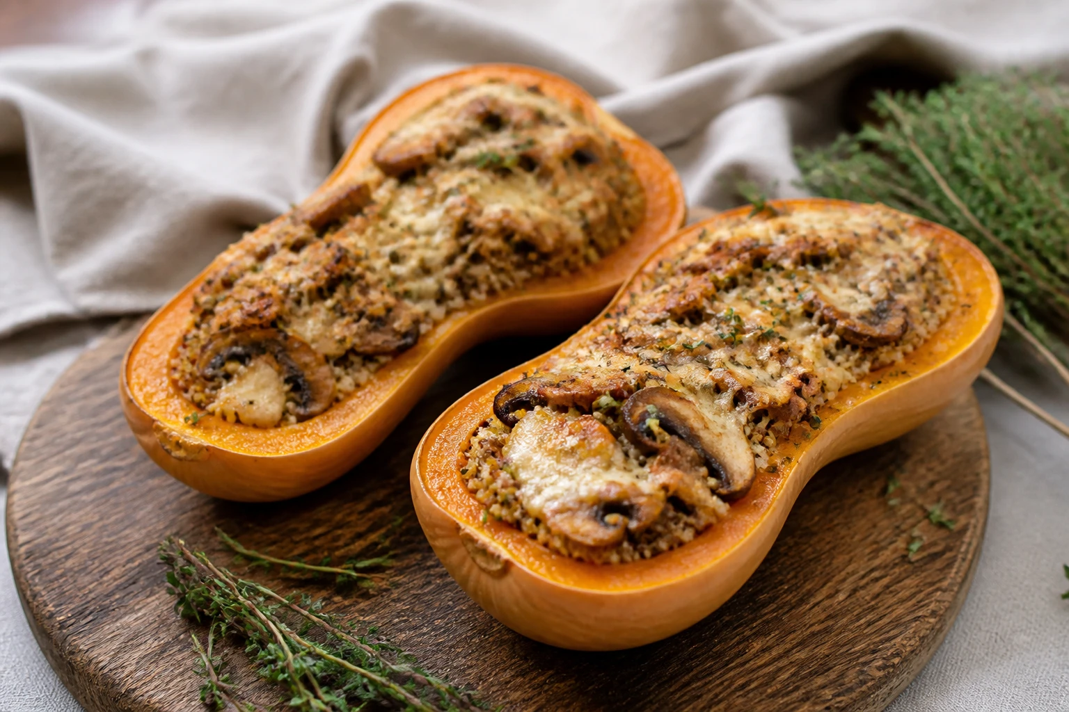 Courge butternut farcie végétarienne au quinoa et fromage gratiné, coupée en deux sur planche en bois