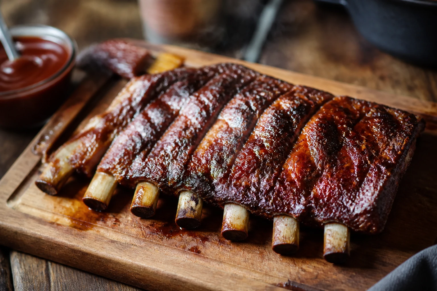 Ribs de bœuf laqués et caramélisés à la sauce barbecue sur planche en bois