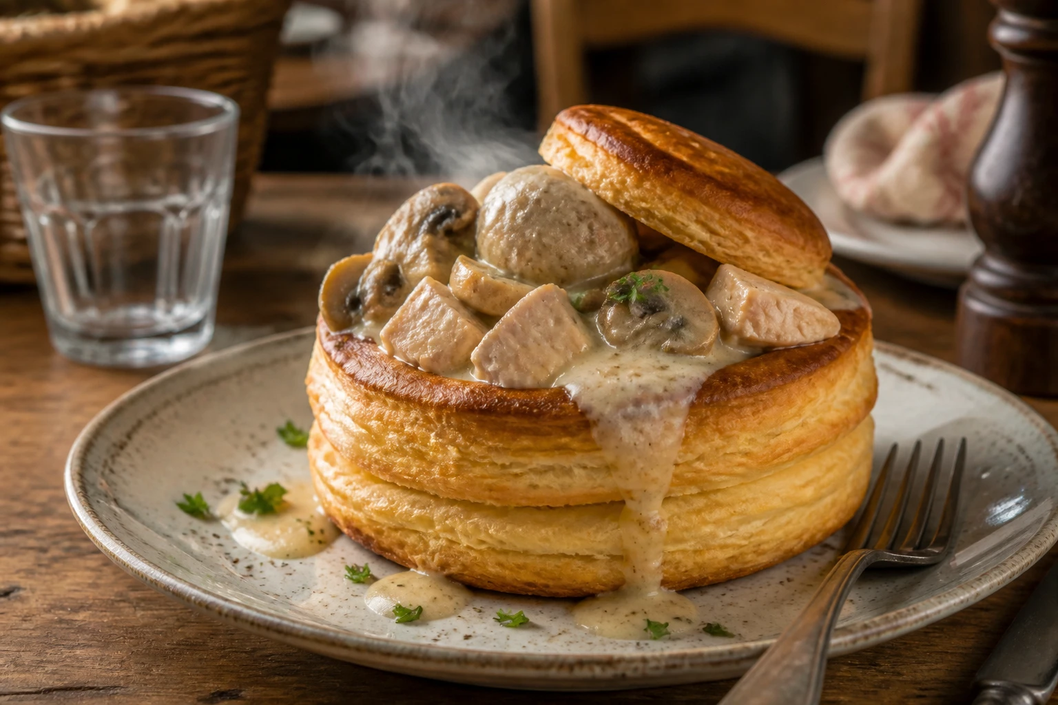 Vol-au-vent traditionnel garni de poulet, champignons et sauce crémeuse sur une table en bois