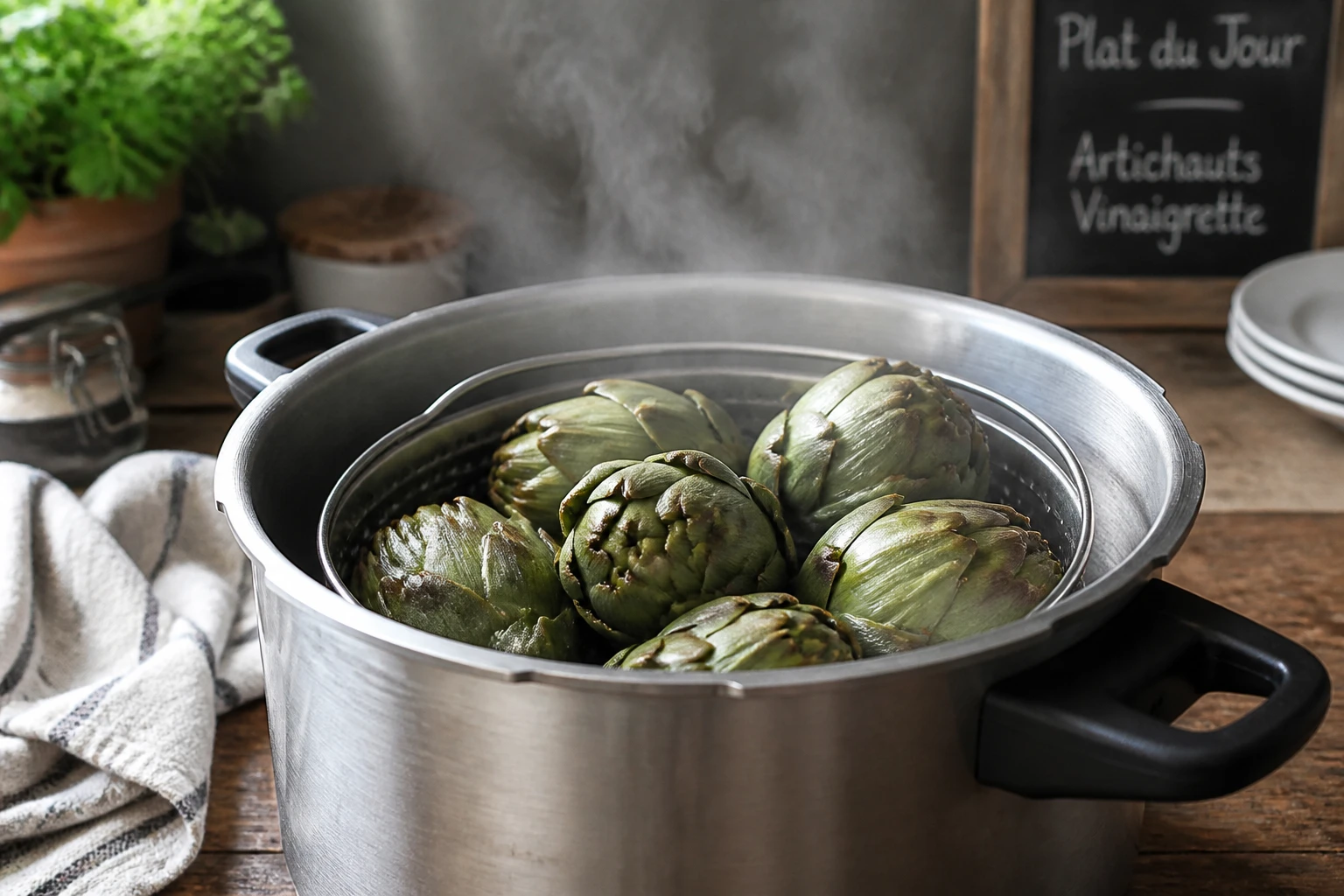 Artichauts entiers cuits à la vapeur dans le panier d'une cocotte-minute