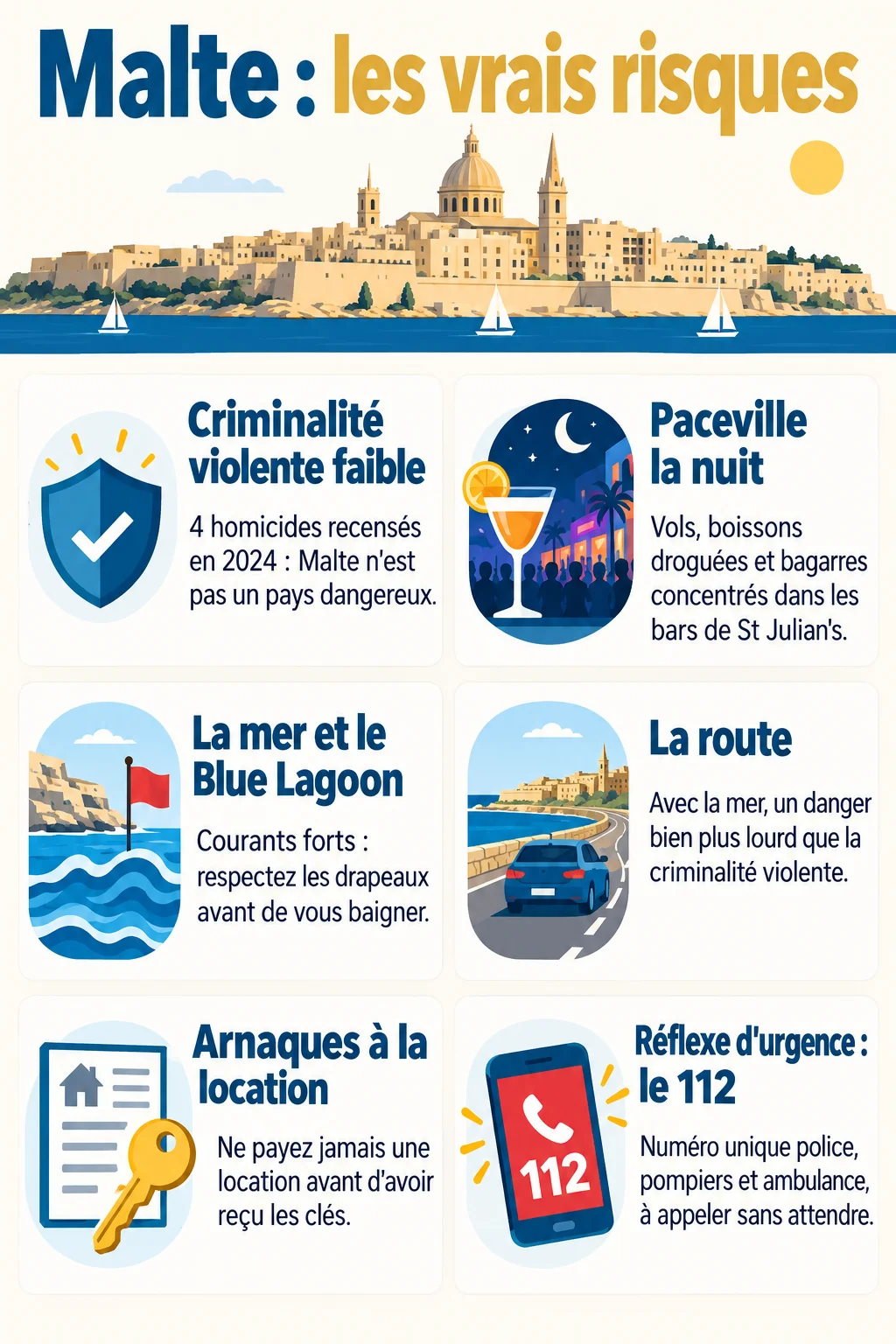 Malte : les vrais risques : Criminalité violente faible, Paceville la nuit, La mer et le Blue Lagoon, La route, Arnaques à la location, Réflexe d'urgence : le 112