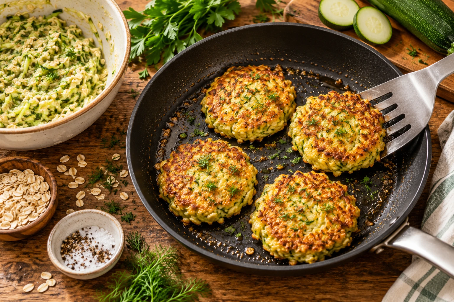 Galettes dorées aux flocons d'avoine et courgette dans une poêle, avec spatule et herbes fraîches