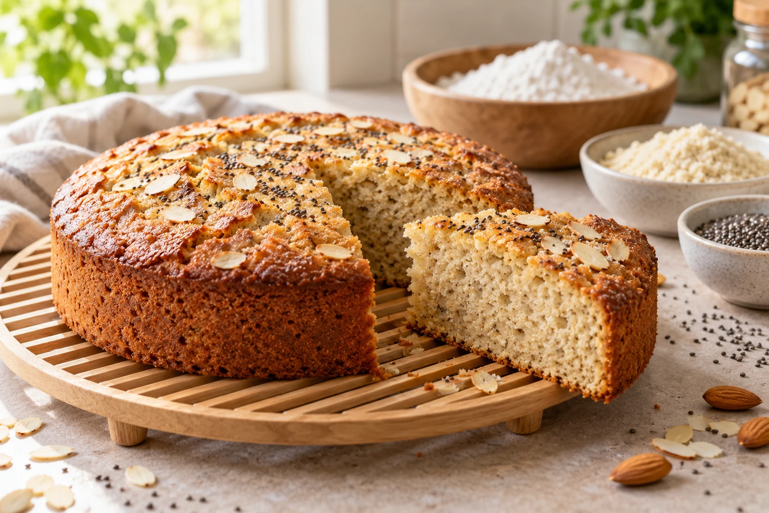 Gâteau vegan sans gluten doré et moelleux, une part découpée, sur une table de cuisine en bois
