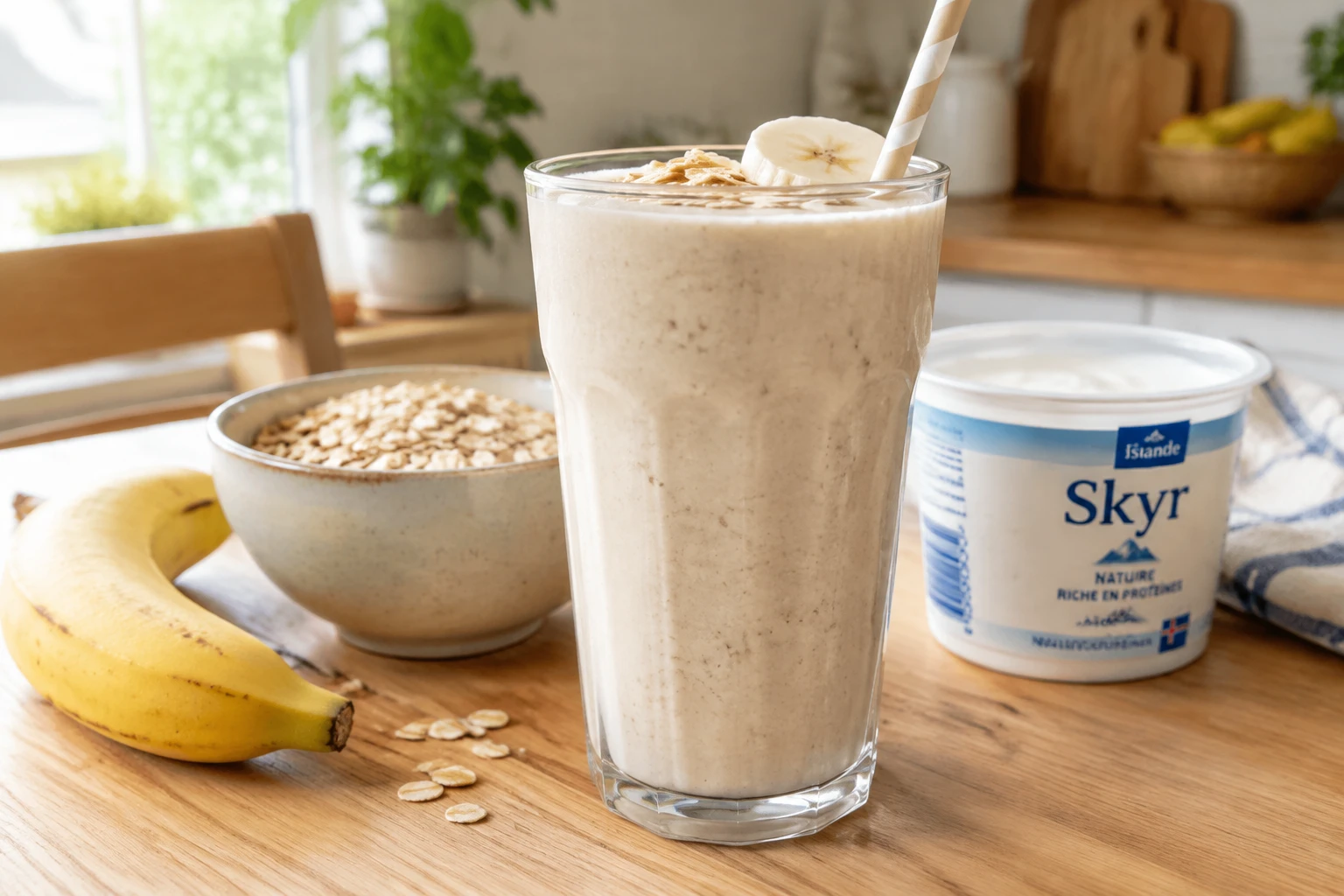 Grand verre de smoothie banane et flocons d'avoine avec banane et bol d'avoine sur une table en bois